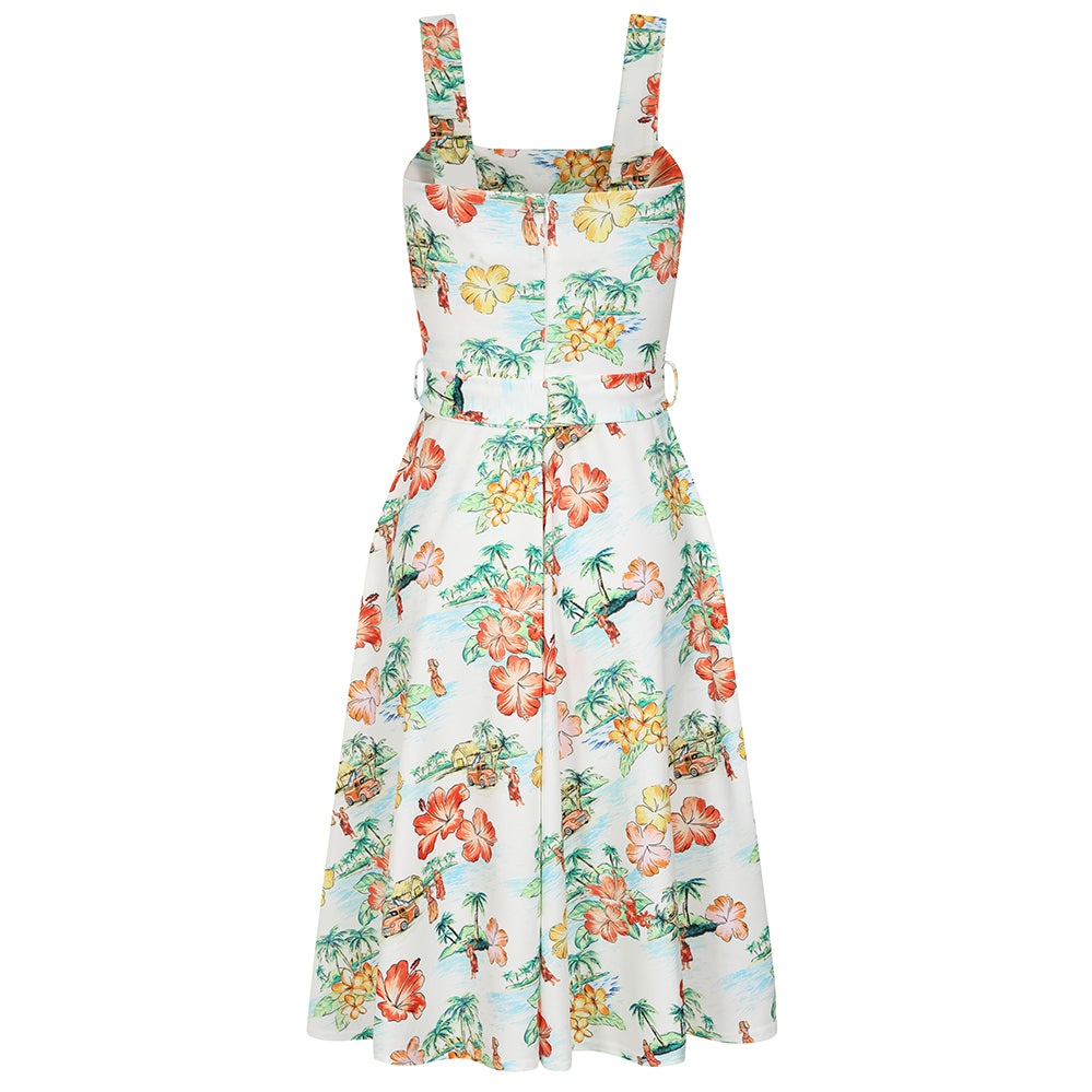 White Hawaiian Print Shoulder Strap 50s Summer Dress With Tie Belt