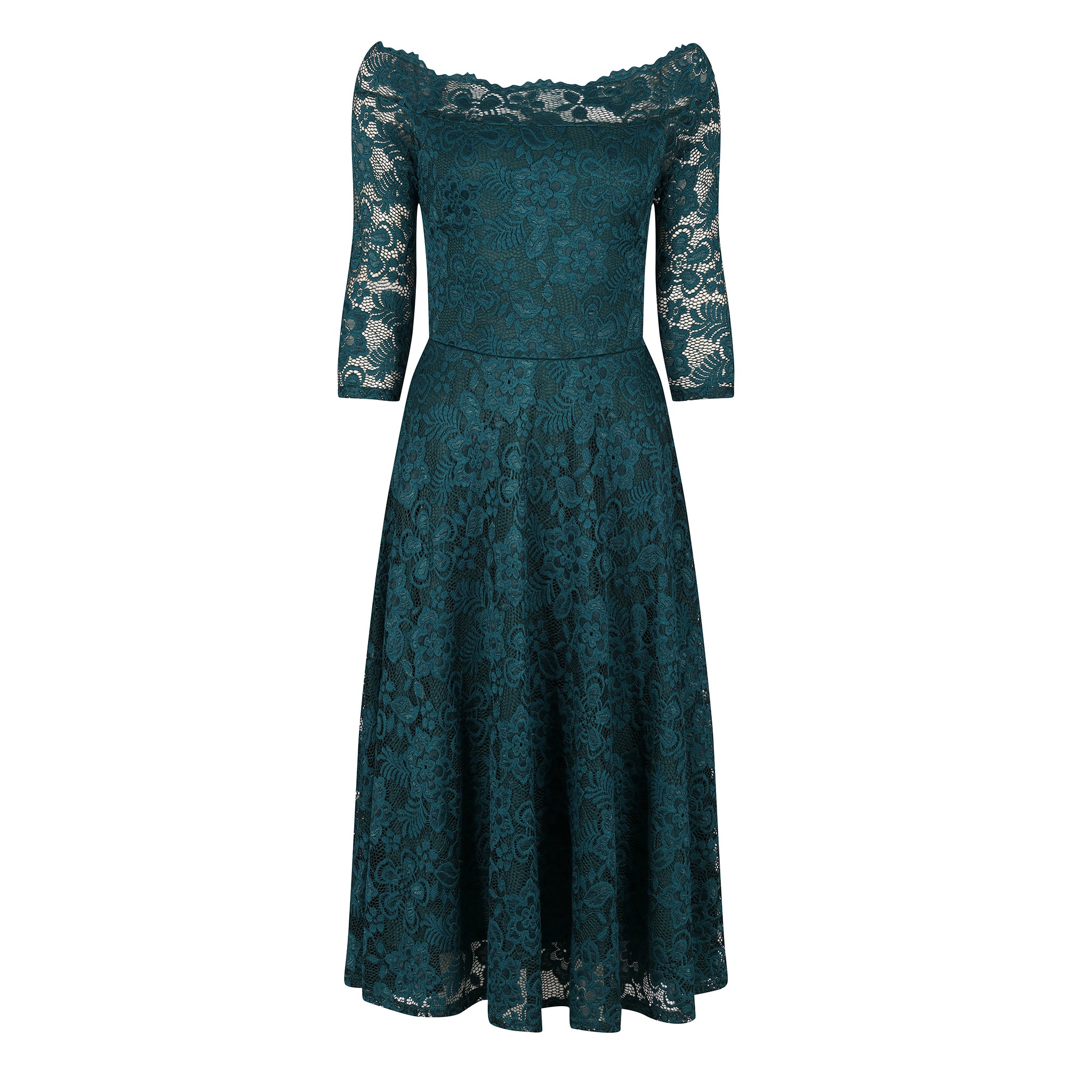 Emerald Green Lace Vintage Style Swing Dress With 3/4 Sleeves & Boat N Pretty Kitty Fashion Emerald Green Lace Vintage Style Swing Dress With 3/4 Sleeves & Boat N Pretty Kitty Fashion