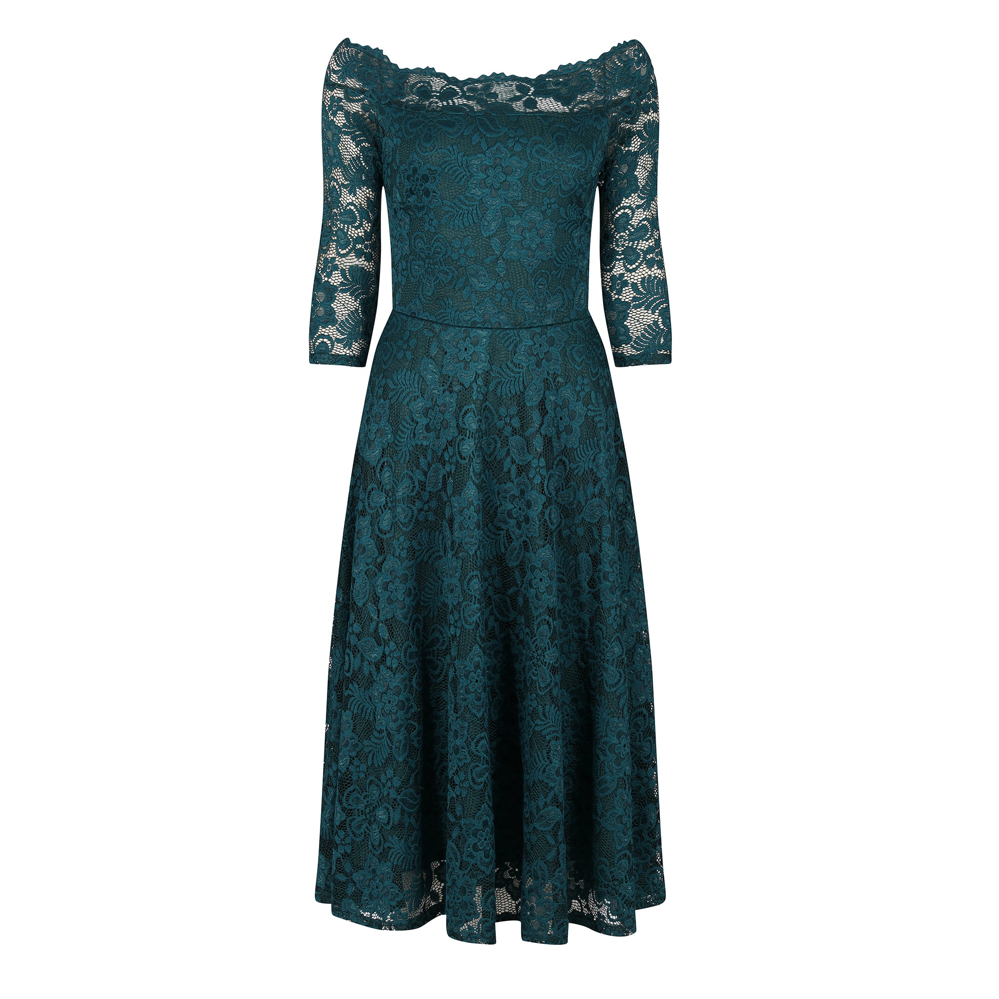 Emerald Green Lace Vintage Style Swing Dress With 3/4 Sleeves & Boat Neck