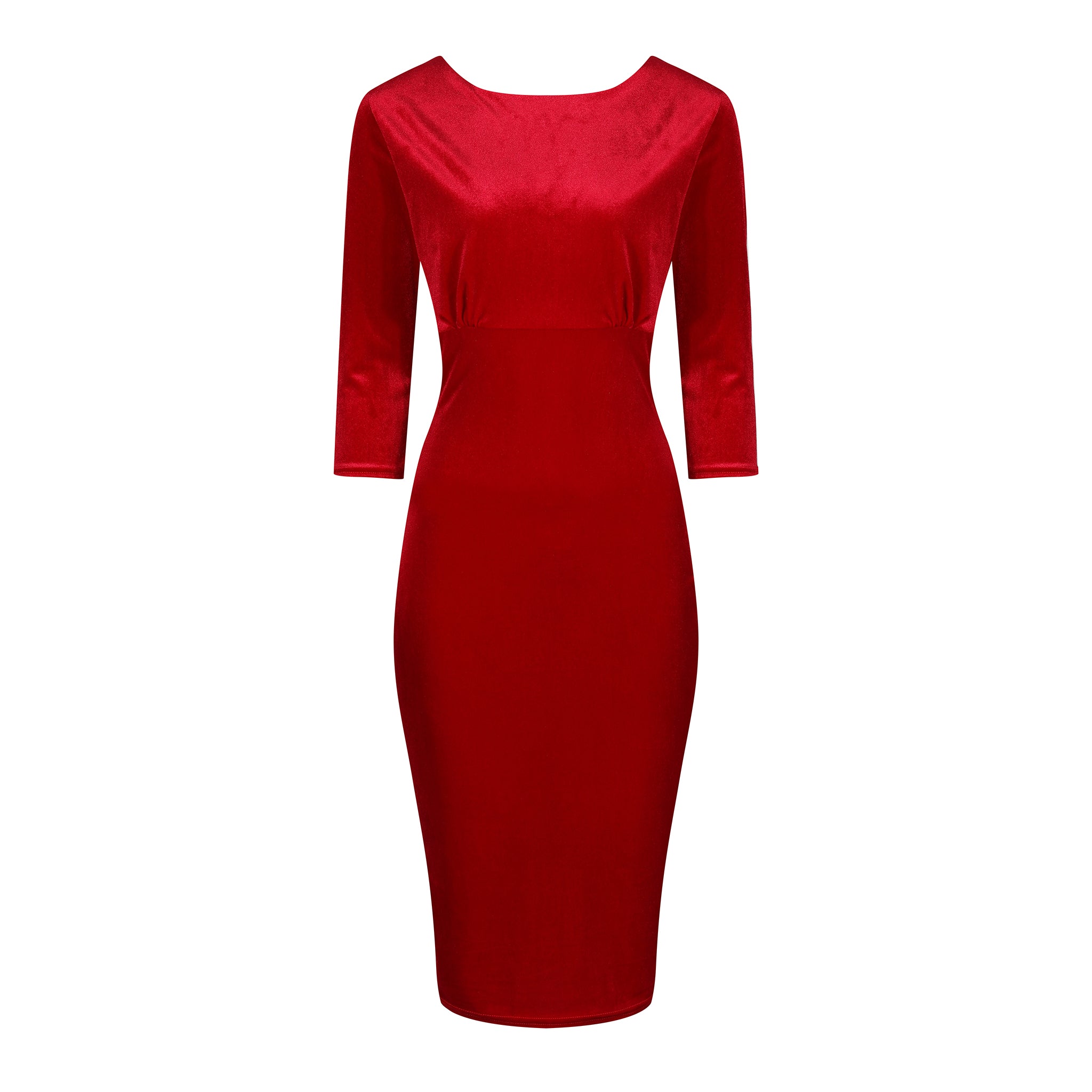 Red Velour Boatneck 3/4 Sleeve Bodycon Gathered Waist Wiggle Dress