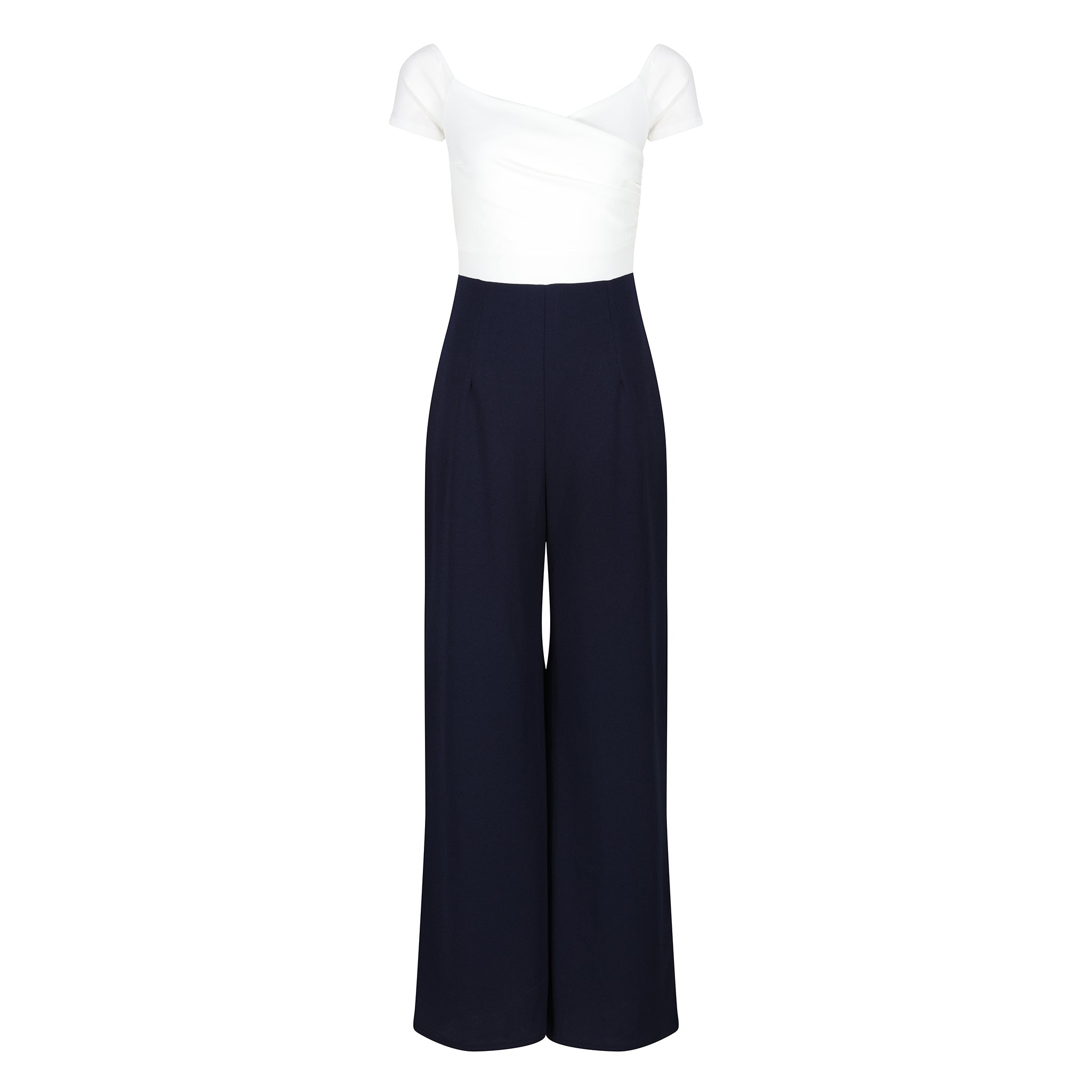 Ivory Bardot Top and Navy Cropped Trouser-suit