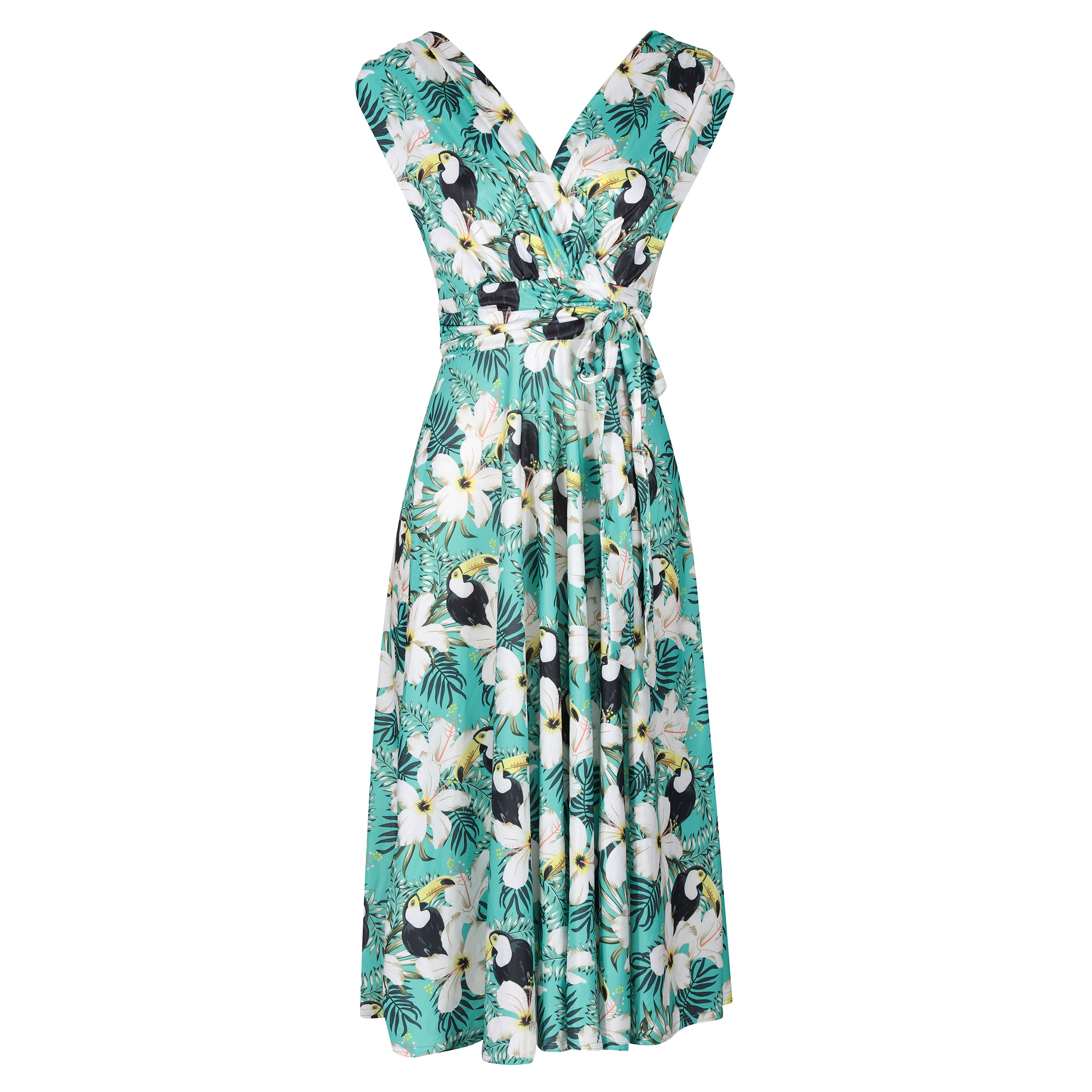 Green Floral Toucan Print V Neck Crossover Top Empire Waist Swing Dress