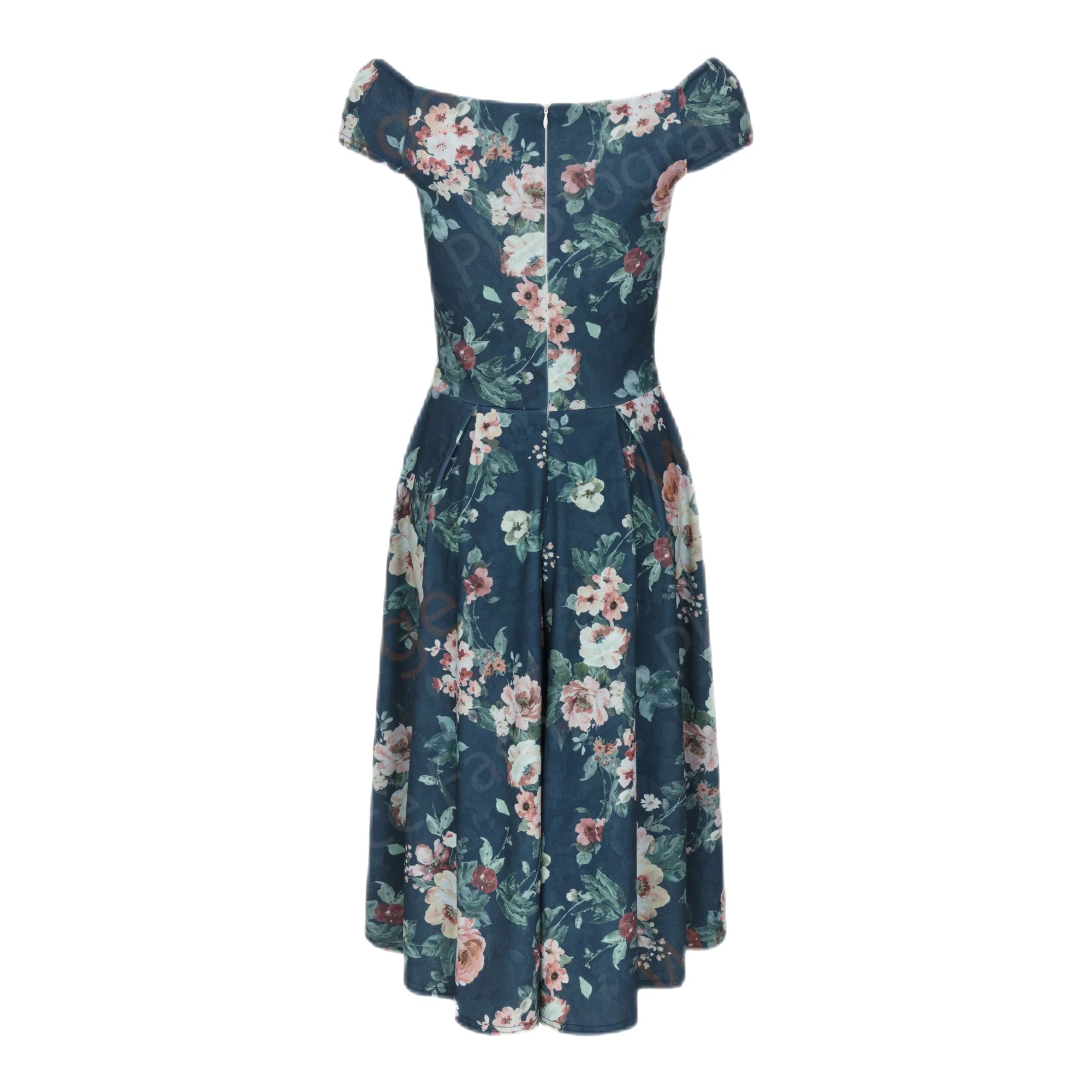 Dark Blue & Pink Floral Print Crossover Bardot 50s Swing Dress