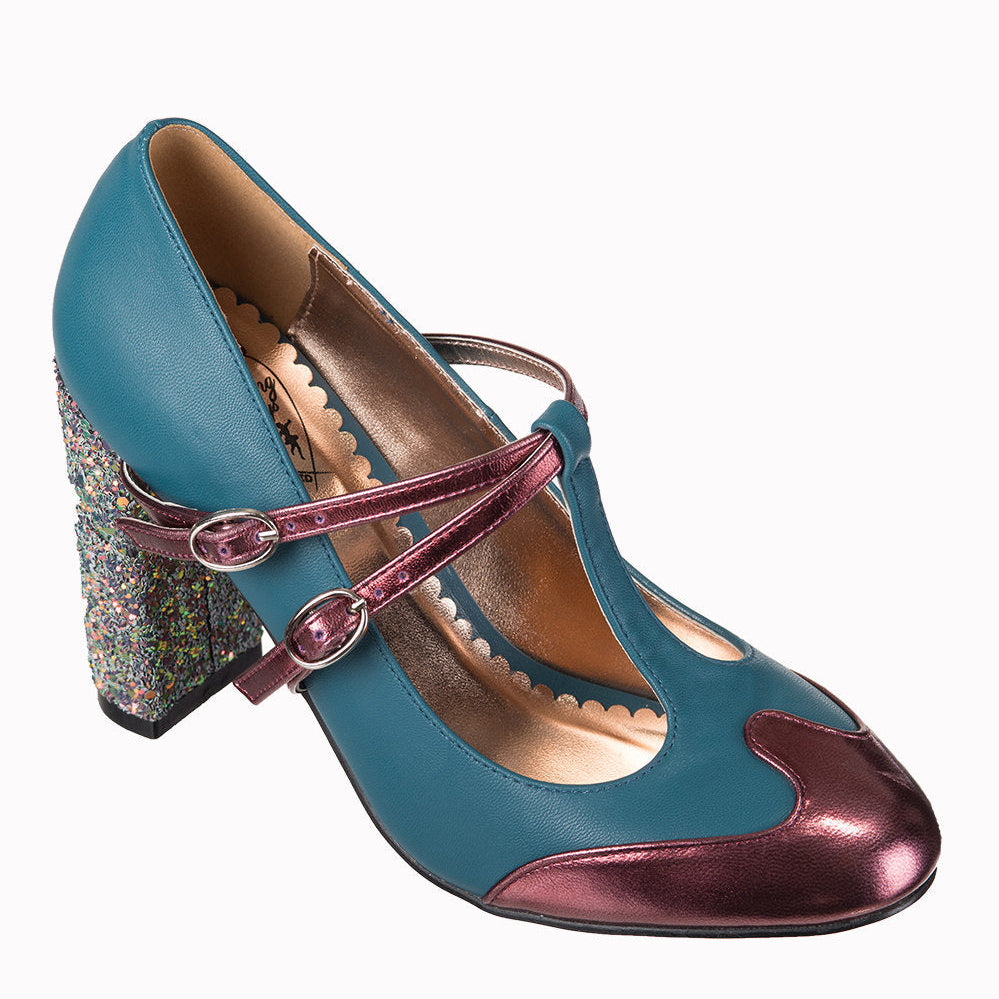 Teal And Metallic Bordeaux Vintage Twin Strap High Heel Shoes