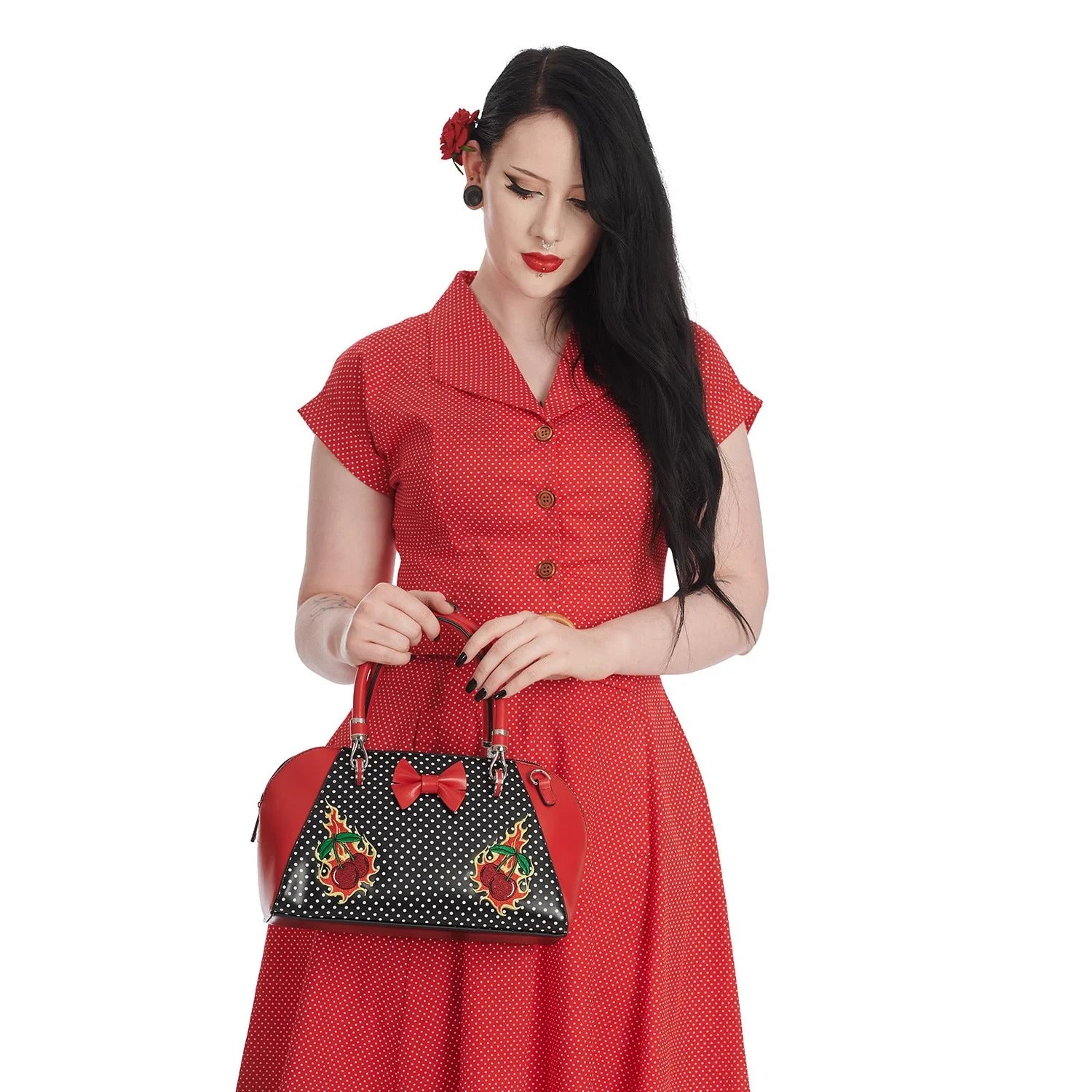 Firey Cherry Motif Red and Black Handbag