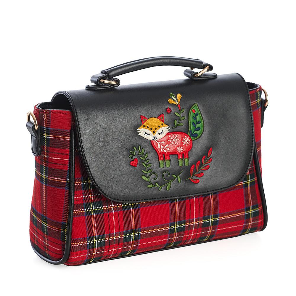 Red and Black Plaid Tartan Check Unique Fox Embroidered Handbag With Detachable Shoulder Strap