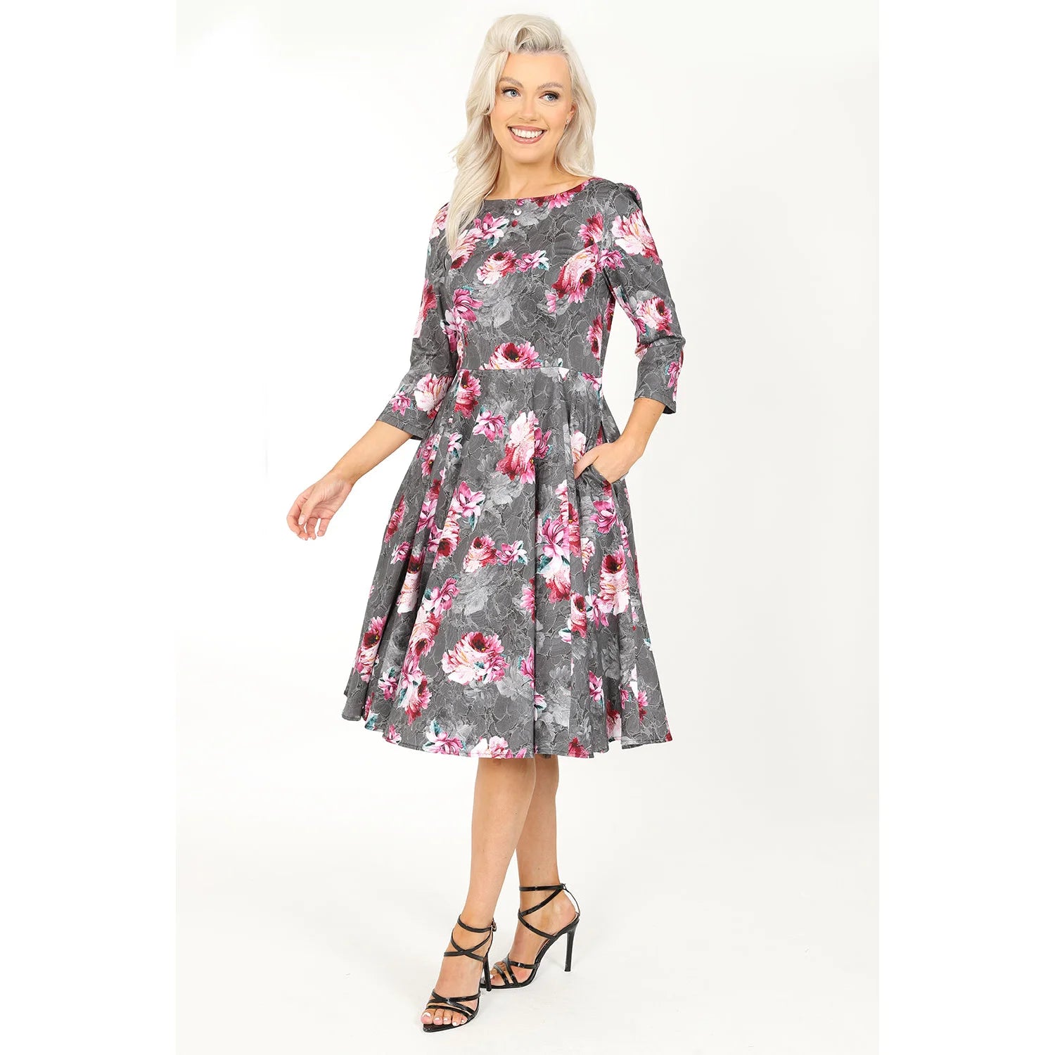 Grey Pink Floral Print 50 3 4 Sleeve Swing Tea Dress With Pockets