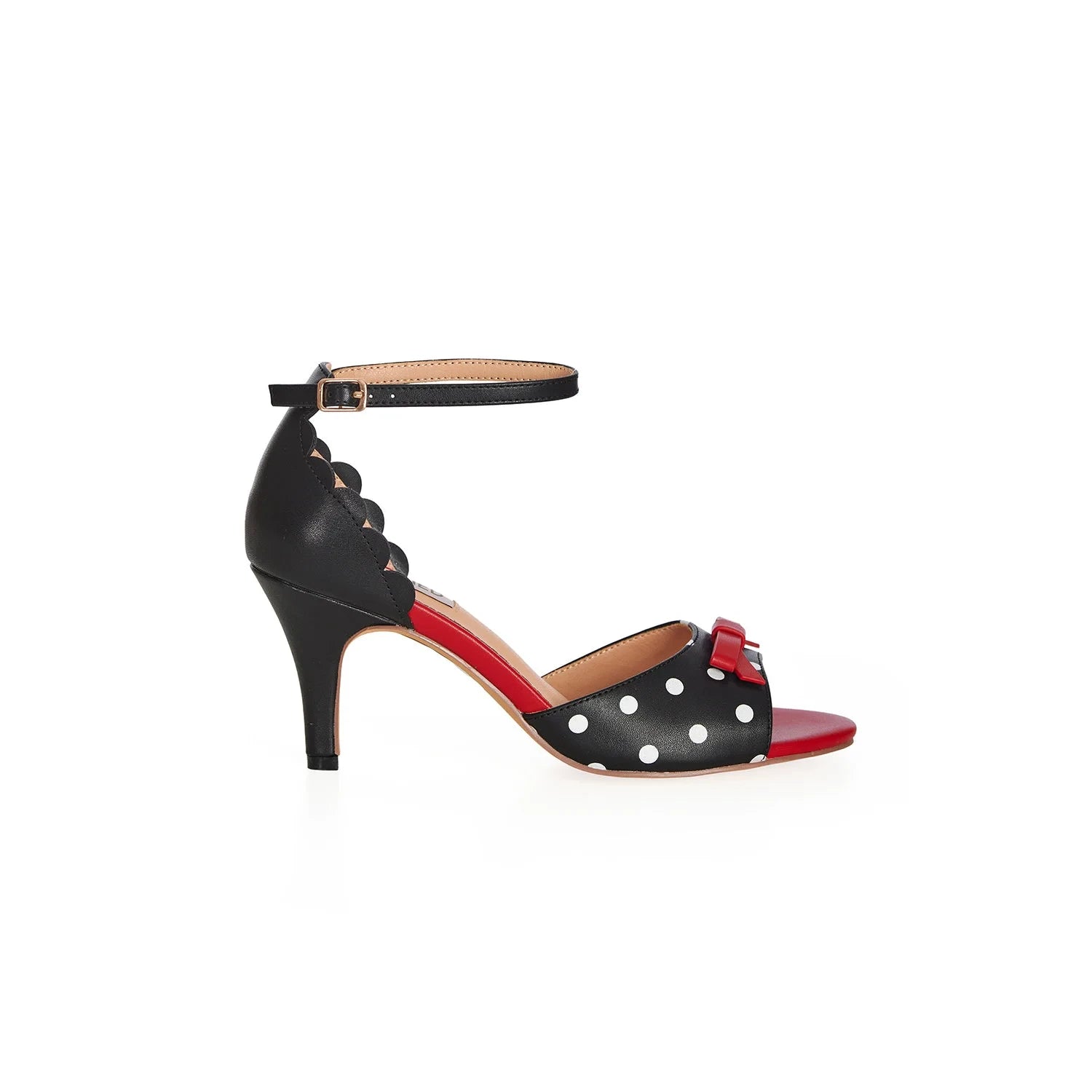 Black and White Polka Dot Open Toe Heels with Red Bow Detail