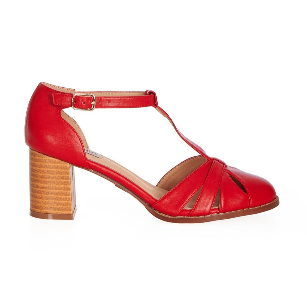 Coral Red Cut Out Sandals with Chunky Heel