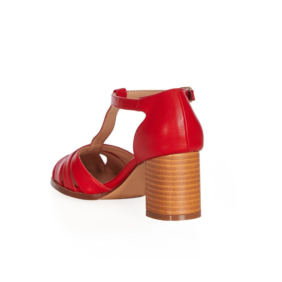 Coral Red Cut Out Sandals with Chunky Heel
