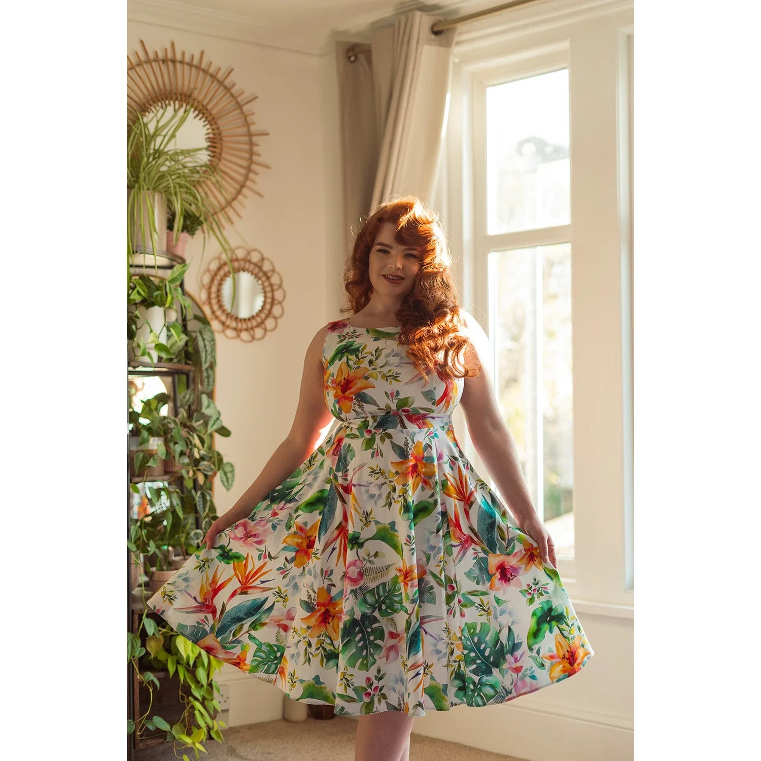 Tropical Print White Floral Summer Swing Party Dress