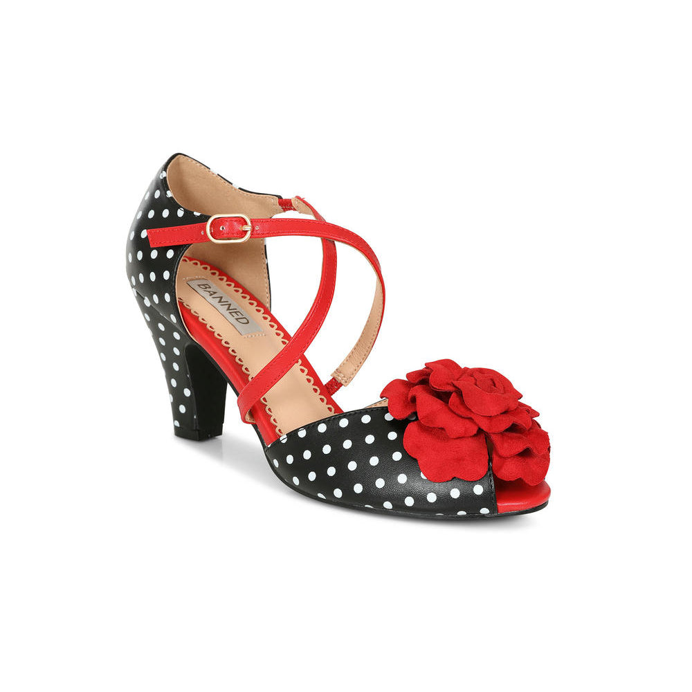 Black Polka Dot Red Rose Pin Up Peep Toe High Heel Shoes