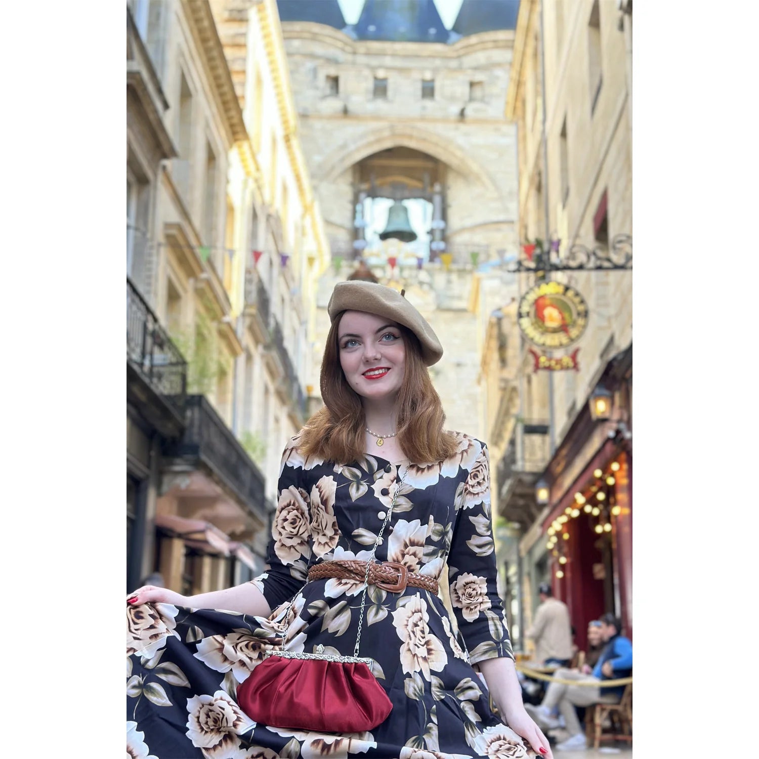 Black With Beige Floral Print 3/4 Sleeve V Neckline 50s Swing Dress With Pockets
