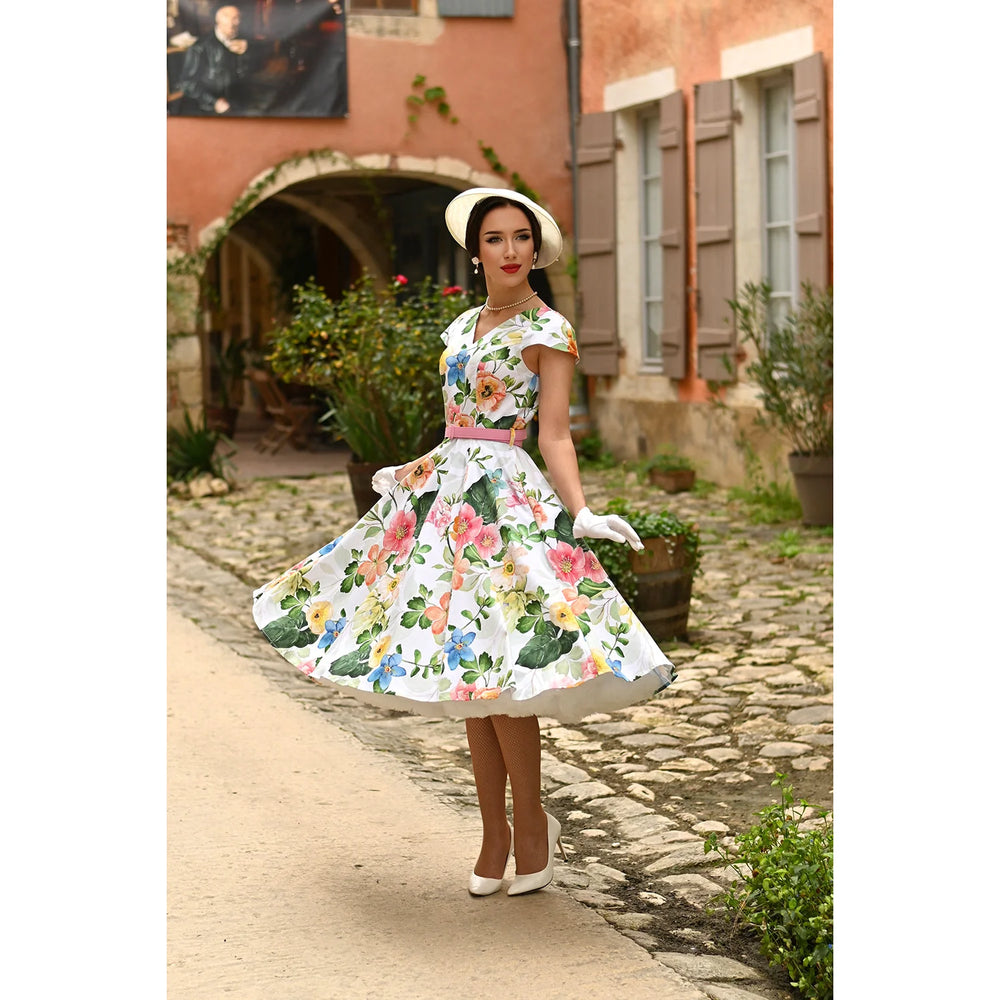 White And Summer Blossom Floral Rockabilly 50s Swing Tea Dress With Belt - Pretty Kitty Fashion