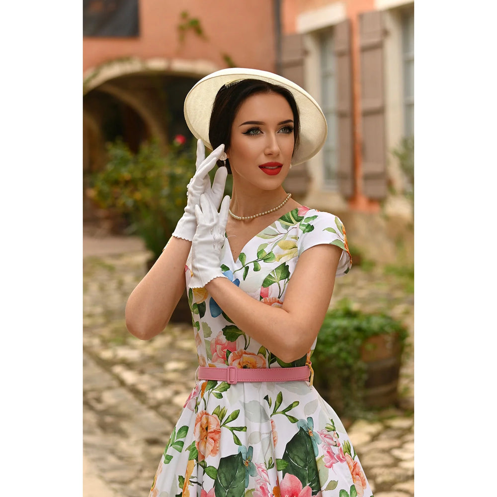 White And Summer Blossom Floral Rockabilly 50s Swing Tea Dress With Belt - Pretty Kitty Fashion