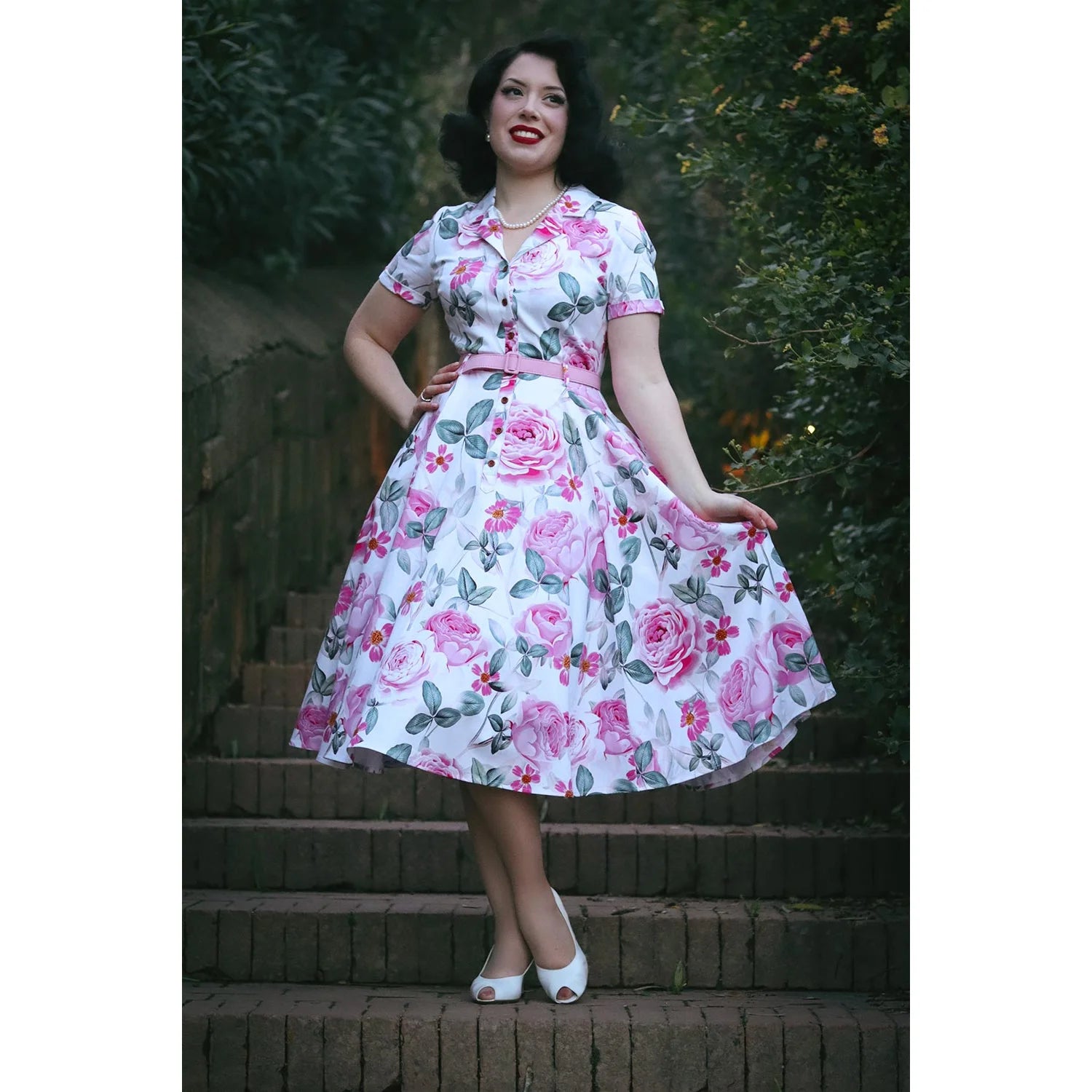 White and Pink Floral Button Front Tea Dress