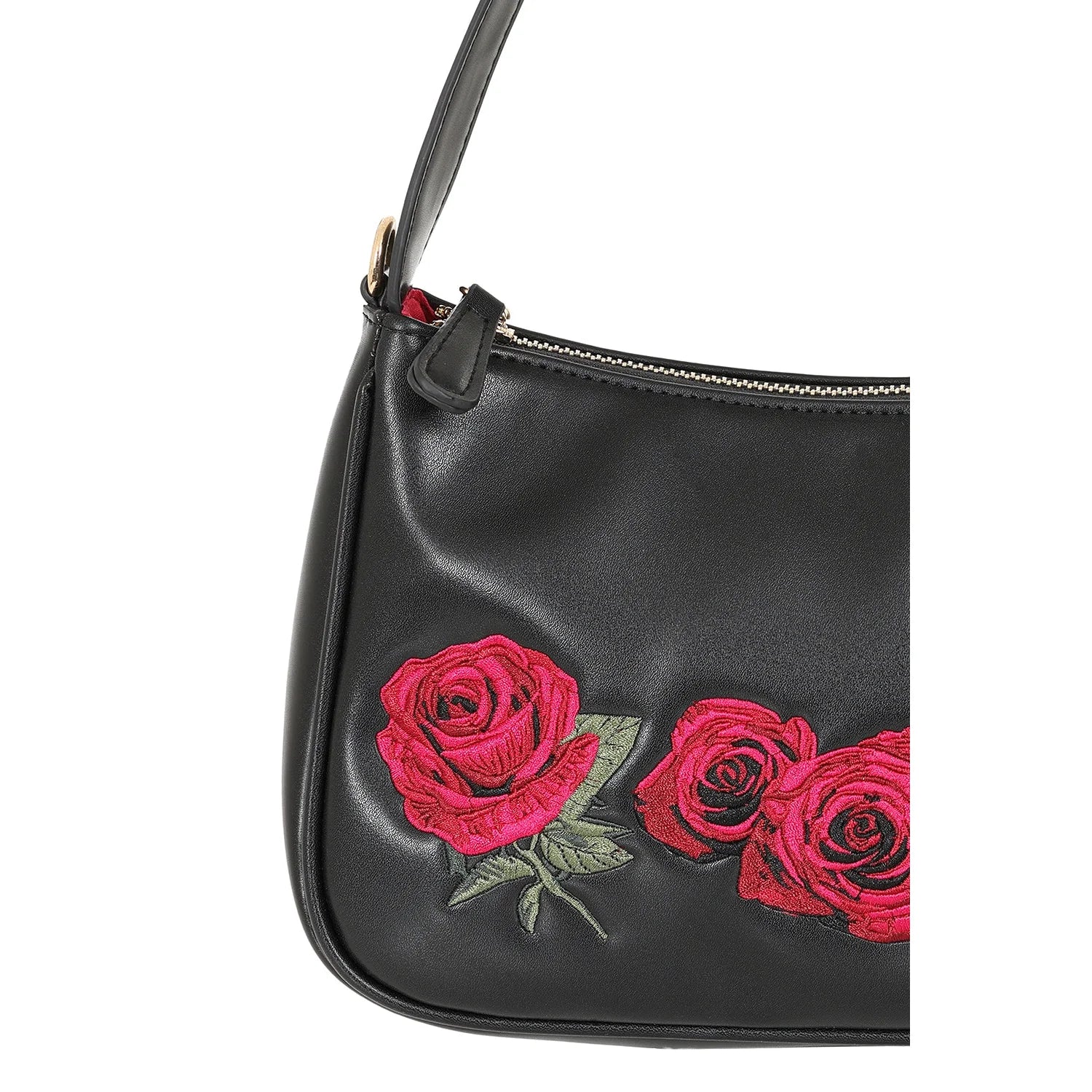 Black and red rose embroidered handbag