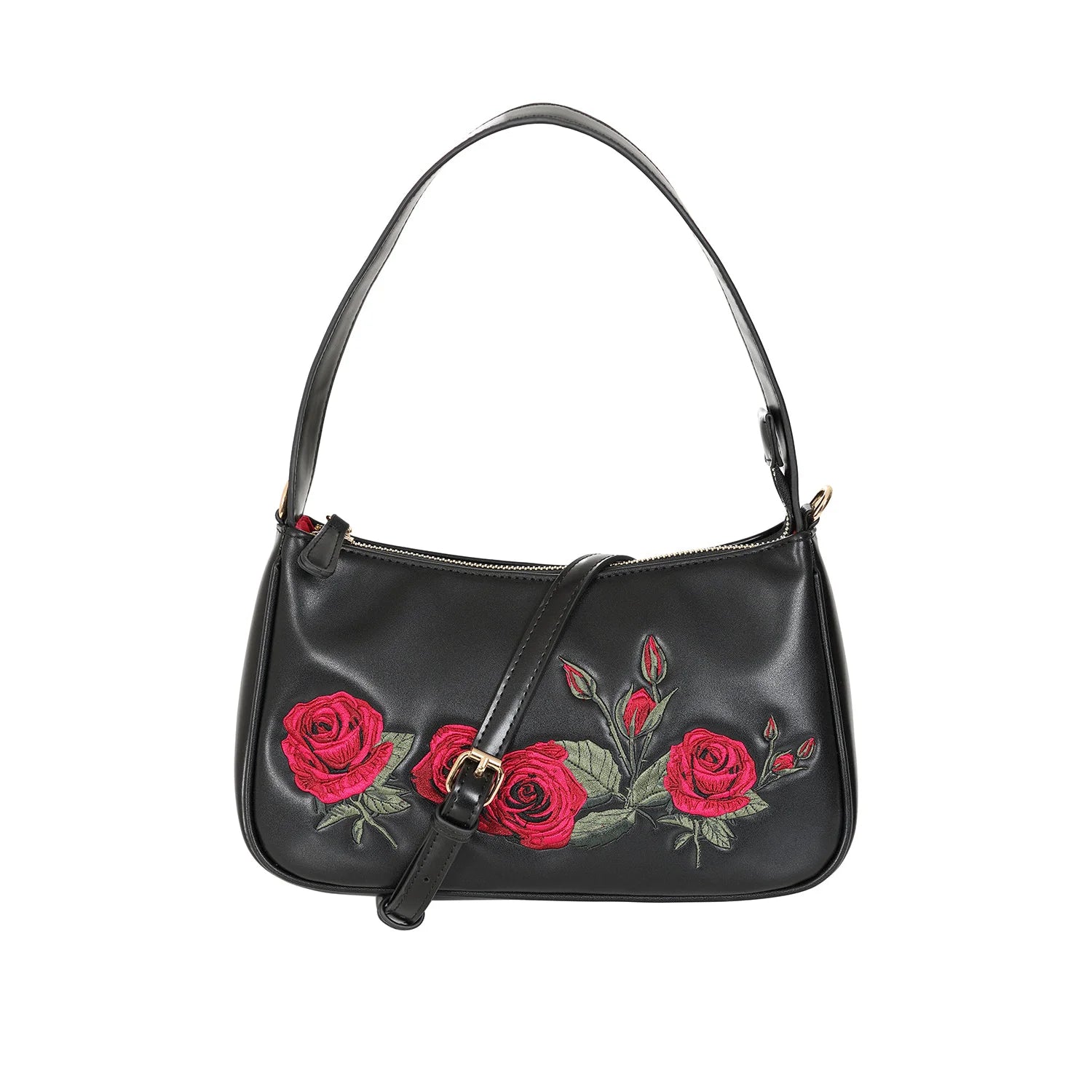 Black and red rose embroidered handbag