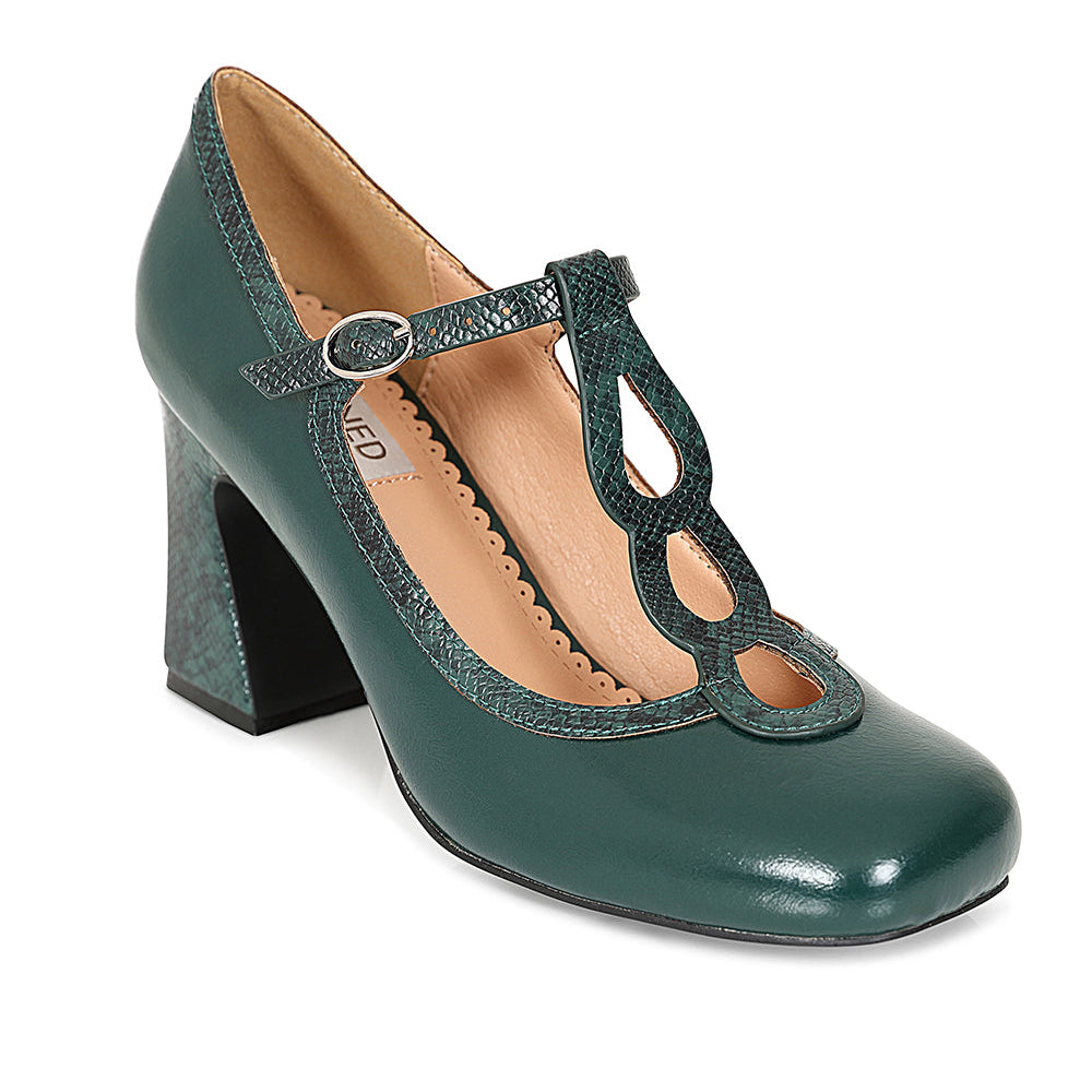 Dark Green Mod 1960s T Strap Retro Shoes  Pretty Kitty Fashion
