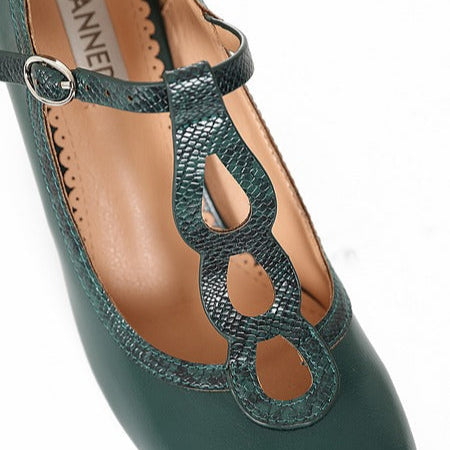Dark Green Mod 1960s T Strap Retro Shoes