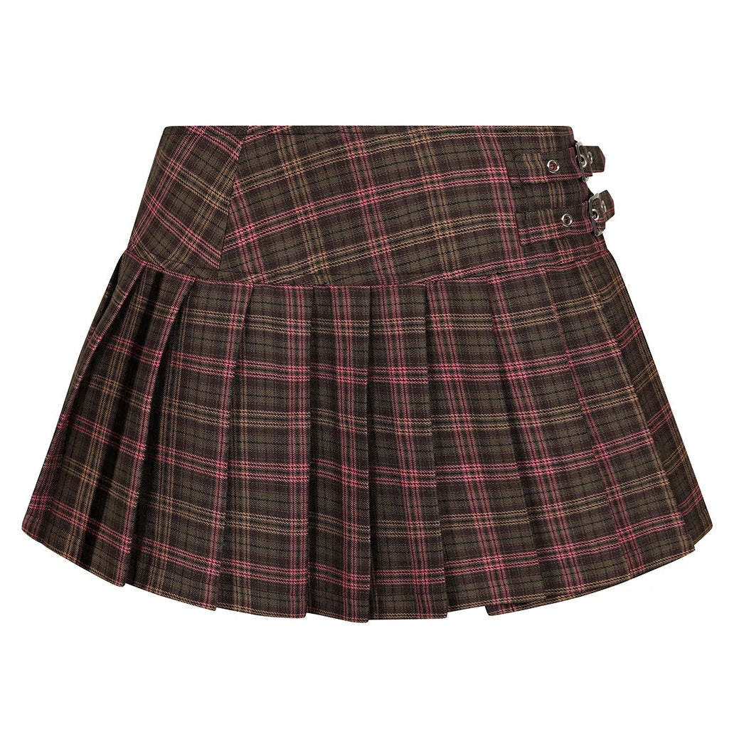 Red, Pink and Brown Tartan Check Burns Pleated Skirt