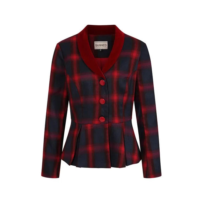 Red and Navy Blue Check Button Front Jacket Blazer