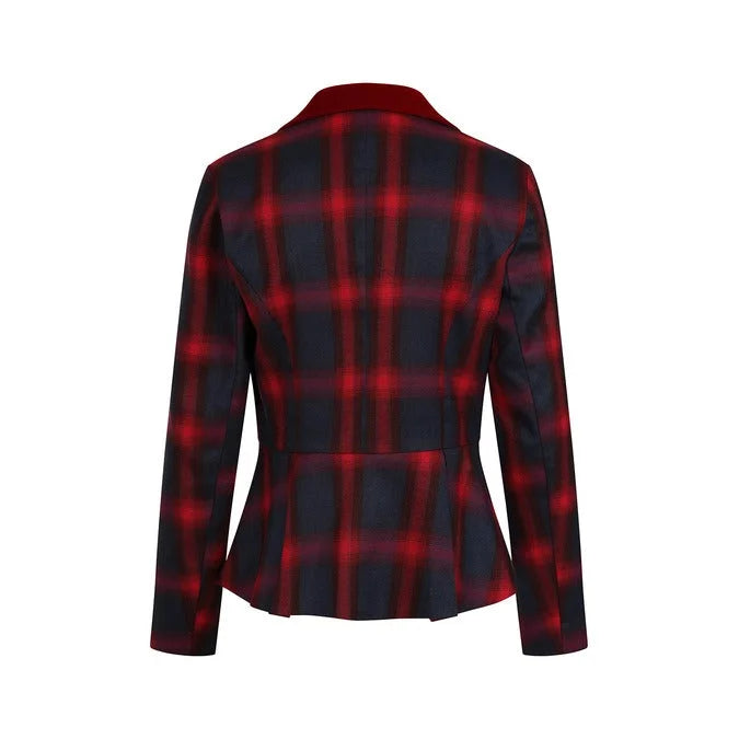 Red and Navy Blue Check Button Front Jacket Blazer