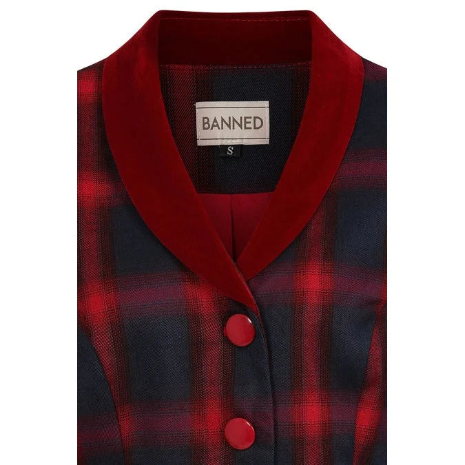 Red and Navy Blue Check Button Front Jacket Blazer