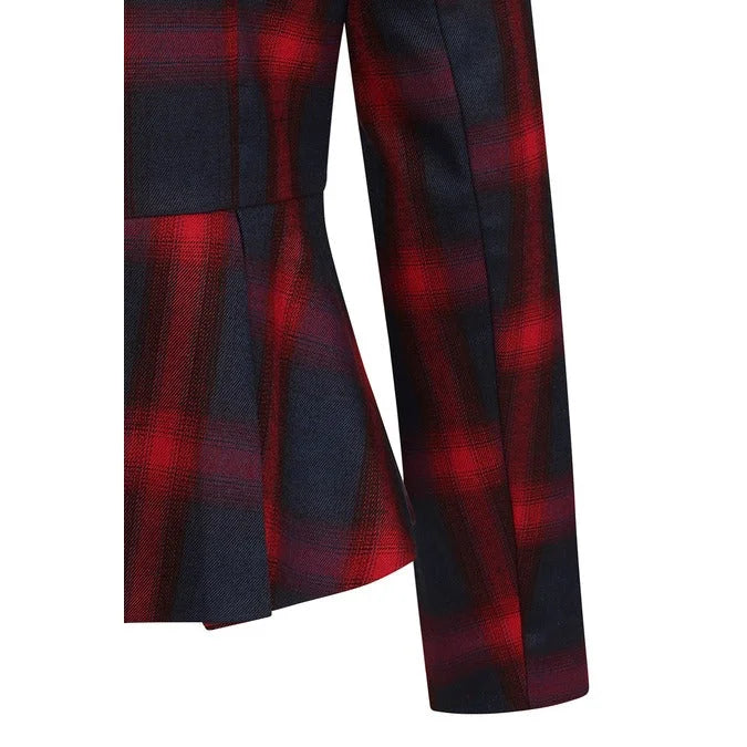 Red and Navy Blue Check Button Front Jacket Blazer