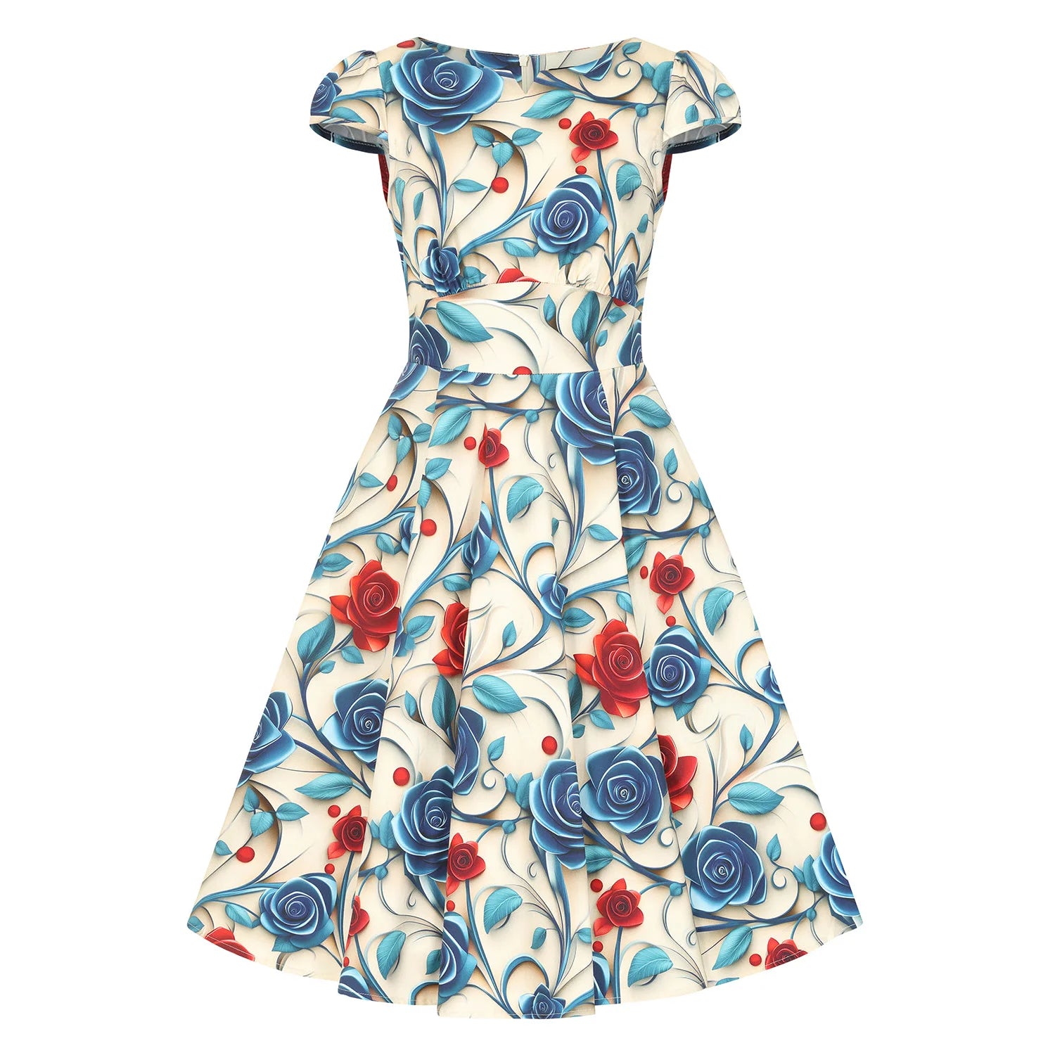 Cream Rose Print Summer Rockabilly 50s Swing Dress with 3D Effect Blue & Red Florals
