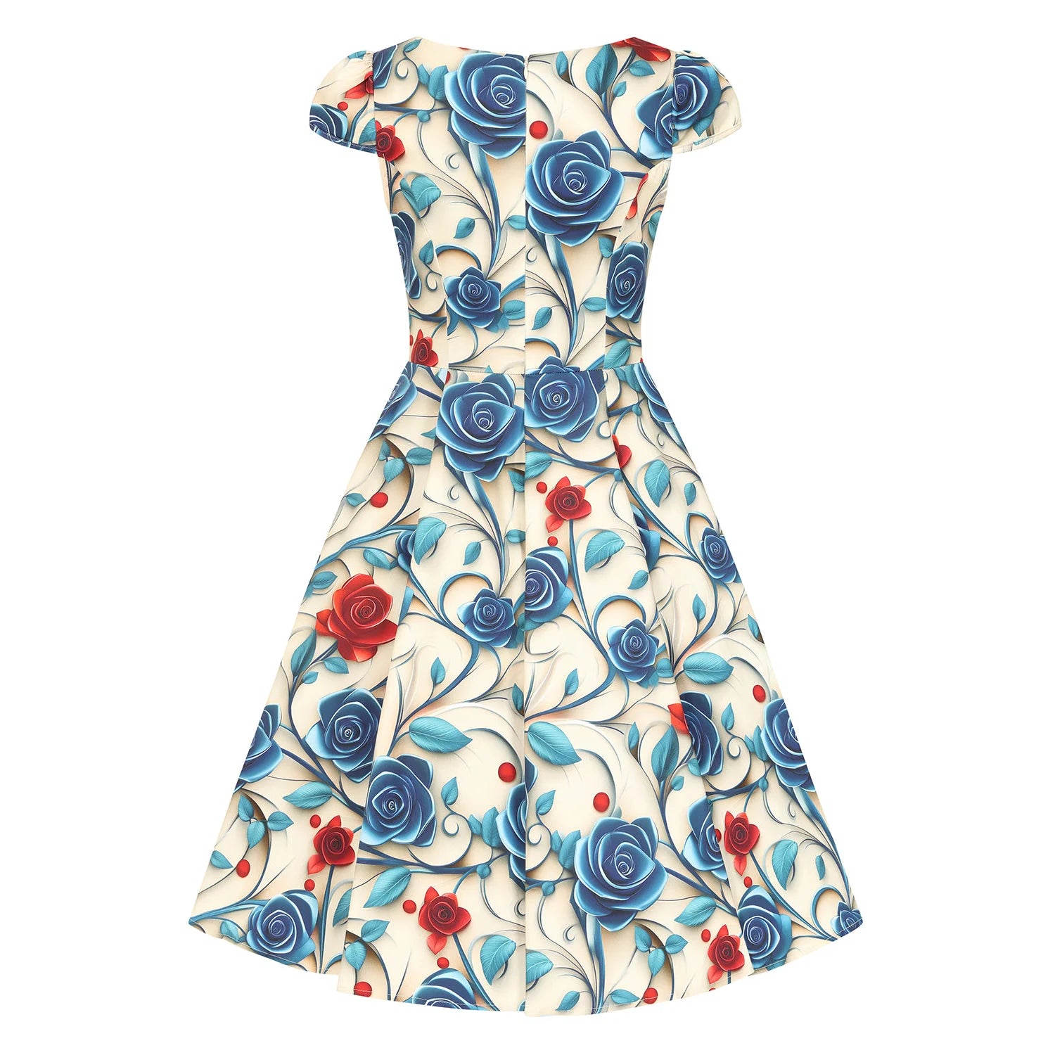 Cream Rose Print Summer Rockabilly 50s Swing Dress with 3D Effect Blue & Red Florals