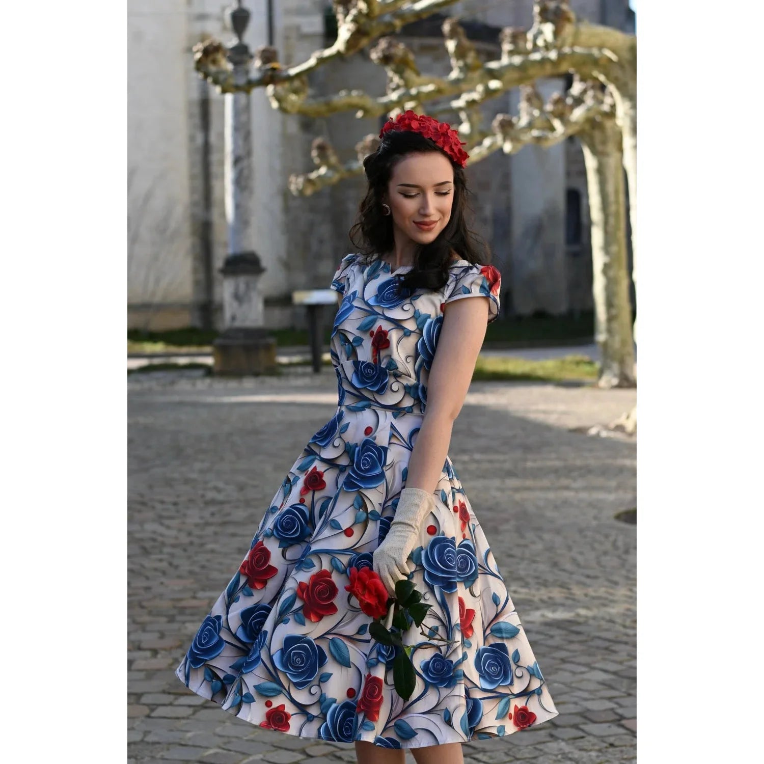 Cream Rose Print Summer Rockabilly 50s Swing Dress with 3D Effect Blue & Red Florals