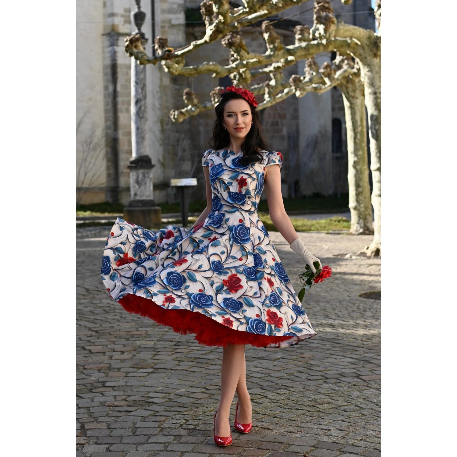 Cream Rose Print Summer Rockabilly 50s Swing Dress with 3D Effect Blue & Red Florals