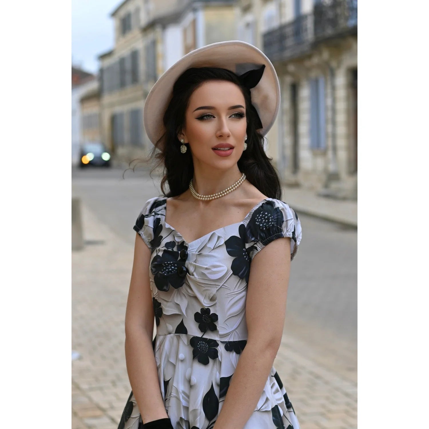 Silver Cream Black 3D Floral Print Rockabilly 50s Swing Dress