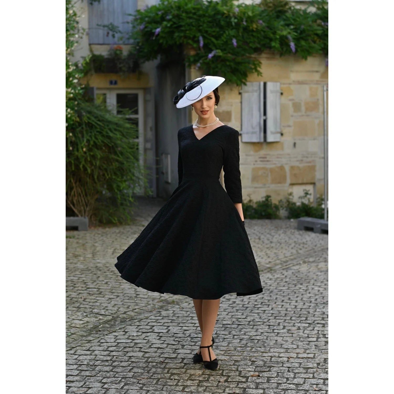 Black Embossed 3/4 Sleeve Vintage Swing Dress Pretty Kitty Fashion Black Embossed 3/4 Sleeve Vintage Swing Dress Pretty Kitty Fashion