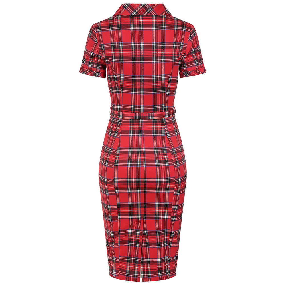 Red Highland Tartan Check Short Sleeve Wiggle Pencil Dress