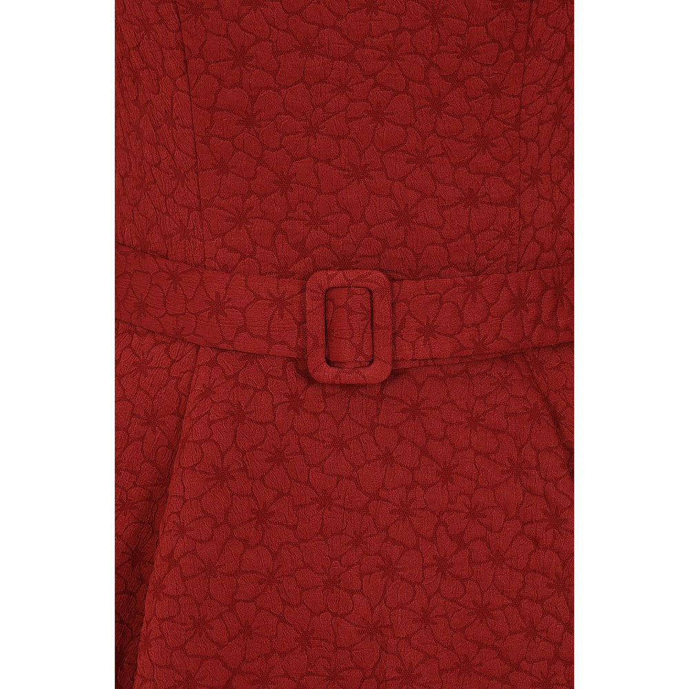 Maroon Red Embossed Floral 3/4 Sleeve Swing Dress
