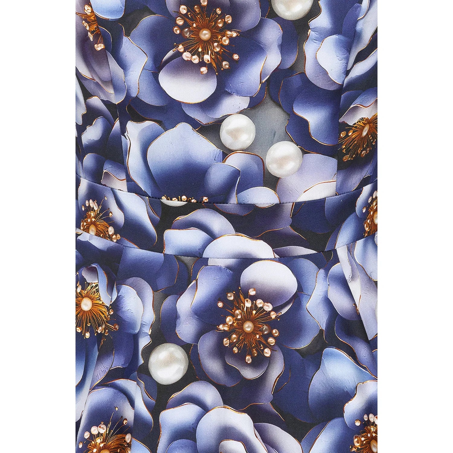 Blue Multi Floral 3d Print 3/4 Sleeve Boat Neckline 50s Vintage Swing Dress With Pockets