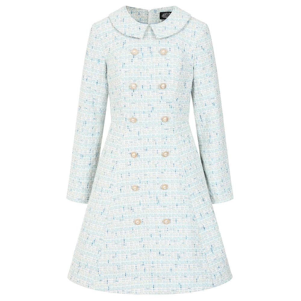 Baby Blue and White Tweed 3/4 Sleeve Peter Pan Collar 50s Swing Tea Dress With Pockets