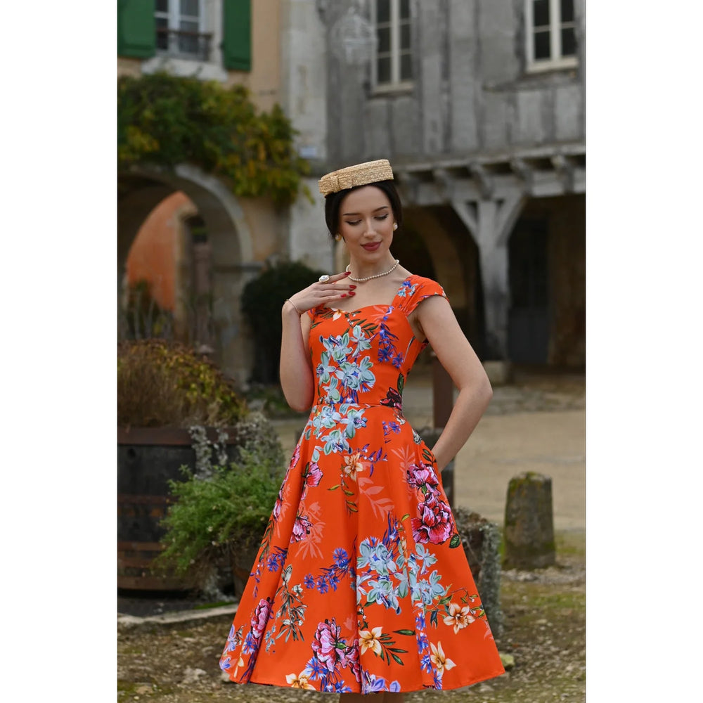 Sunset Burnt Orange Blue Multi Floral Blossom Rose Cap Sleeve Cotton Swing Dress