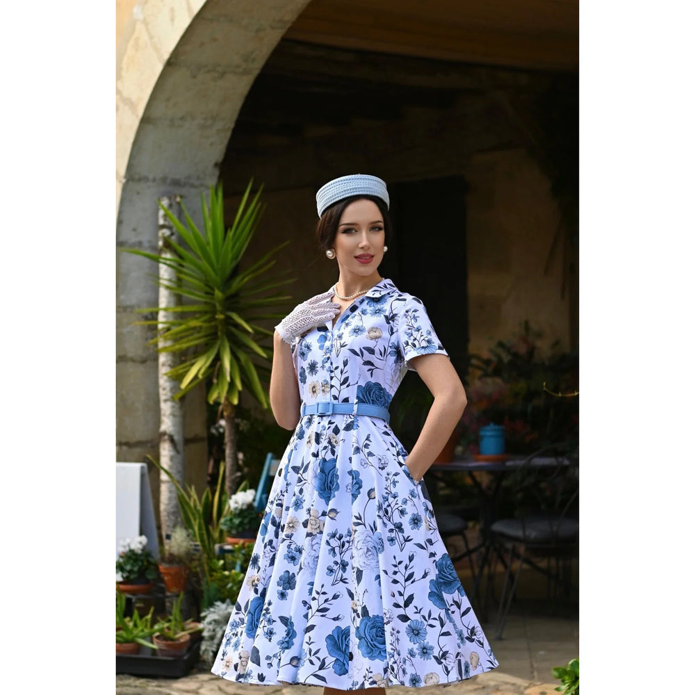 White And Blue Rose Cap Sleeve Cotton Garden Tea Dress