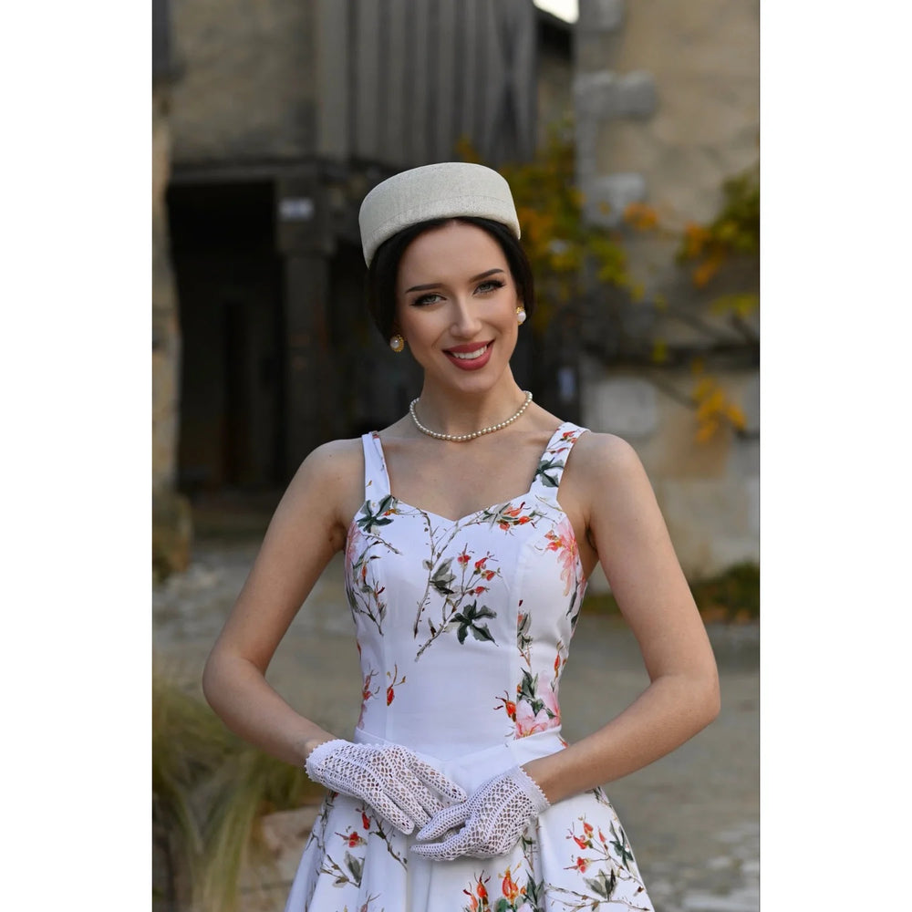 Cream White Strappy Cotton Summer Swing Dress With Coral Floral Print