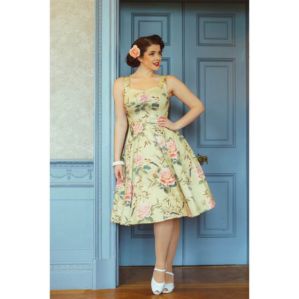 Coral Rose & Green Print Strappy Summer 1950s Swing Dress - Pretty Kitty Fashion