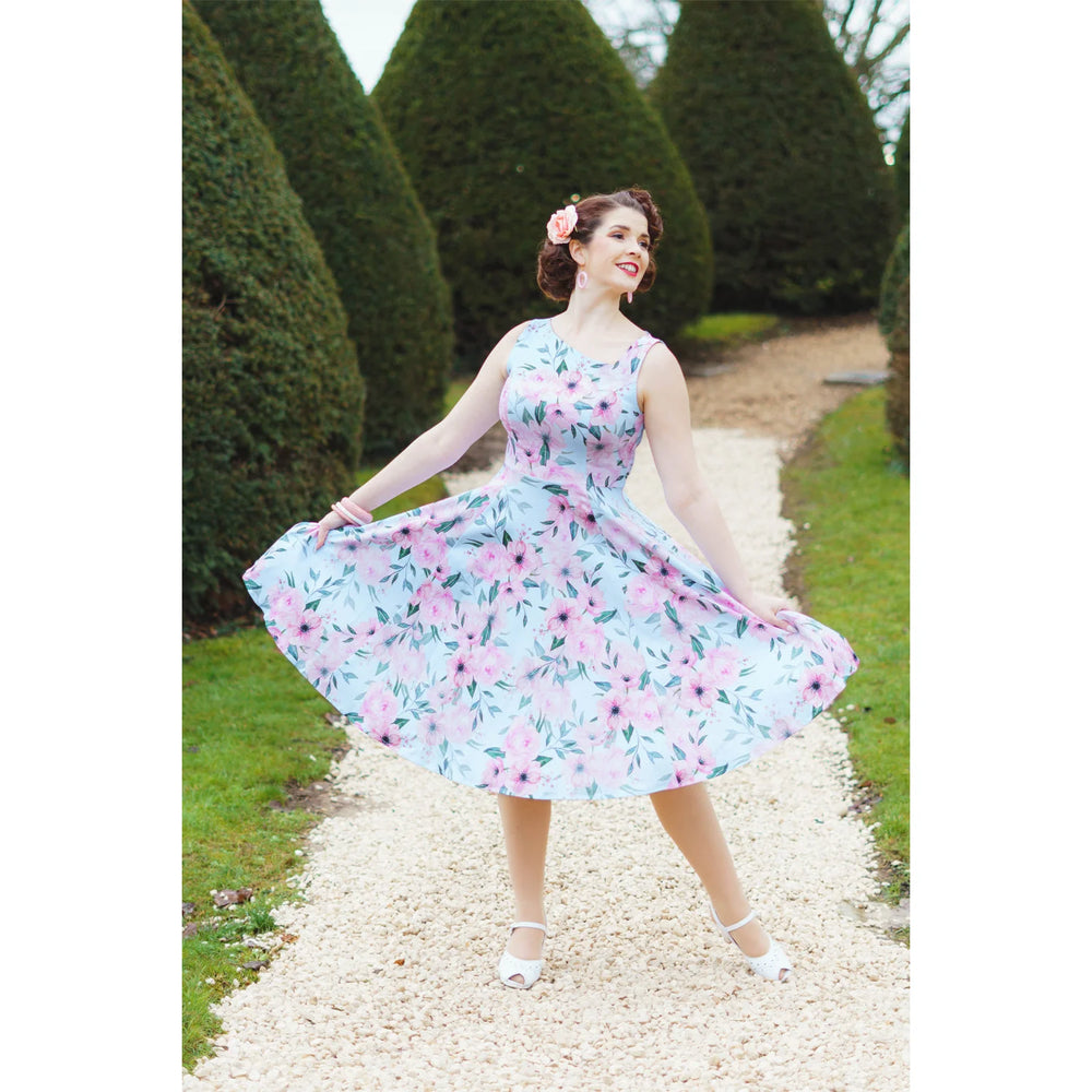 Sky blue and pink floral asymmetric neckline summer party swing dress - Pretty Kitty Fashion