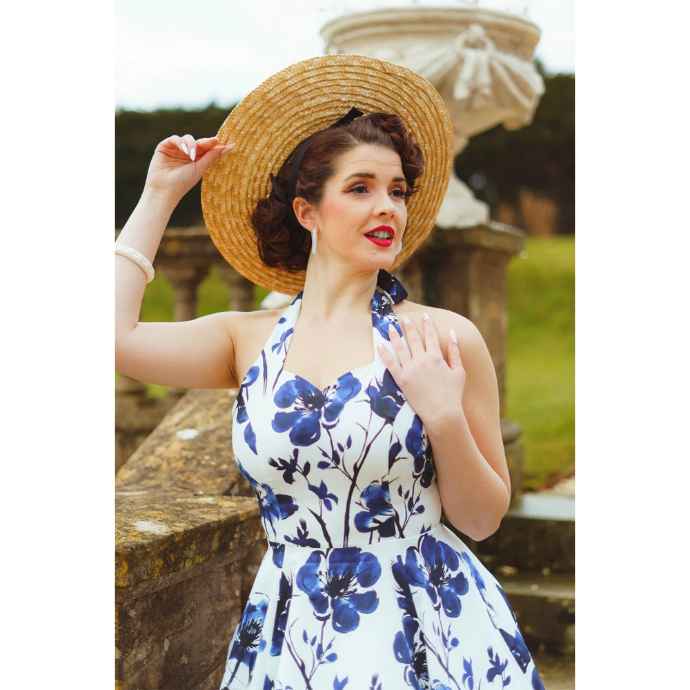 White Cream And Indigo Blue Floral Print Halterneck Cotton Swing Dress - Pretty Kitty Fashion