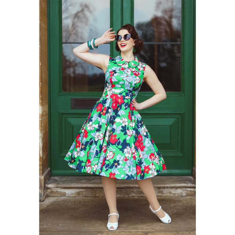 Emerald Green Sleeveless Collared Summer Floral Tea dress