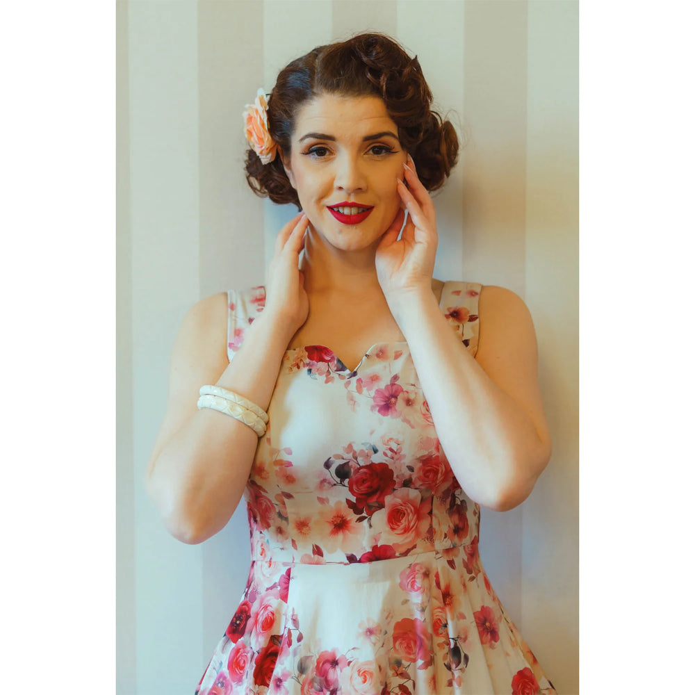 White Cream With Red And Pink Floral Print Strappy Cotton Swing Dress