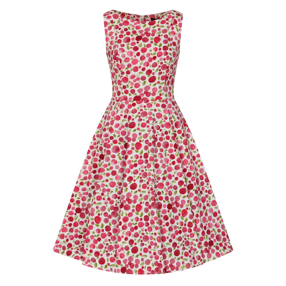 Ivory And Red Multi Coloured Blossom Sleeveless 50s Swing Dress with Pockets