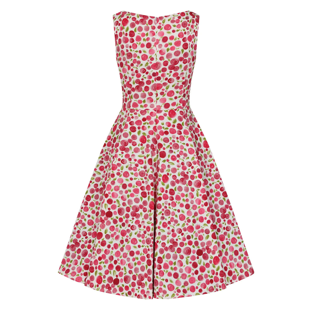 Ivory And Red Multi Coloured Blossom Sleeveless 50s Swing Dress with Pockets
