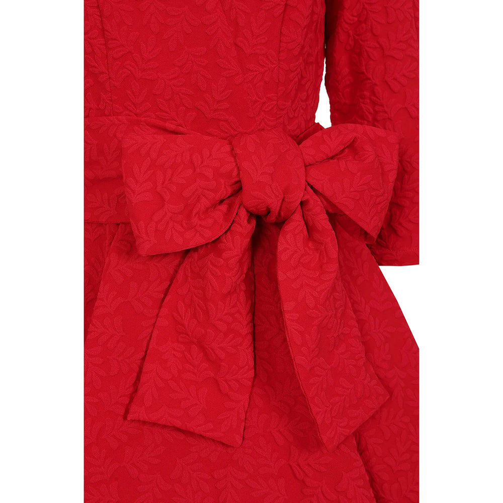 Red 1950s Vintage Style Jacquard Swing Dress with Bow Belt